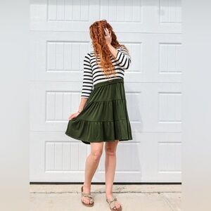 Olive Green Tiered Striped Dress